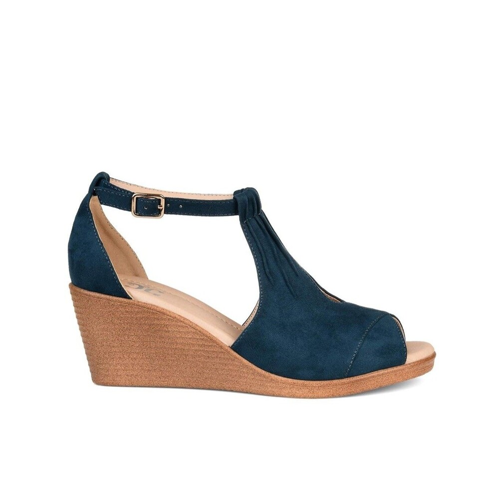 Journee Collection Womens 7.5 M Blue Kedzie Peep Toe Wedge Sandals NIB OD5